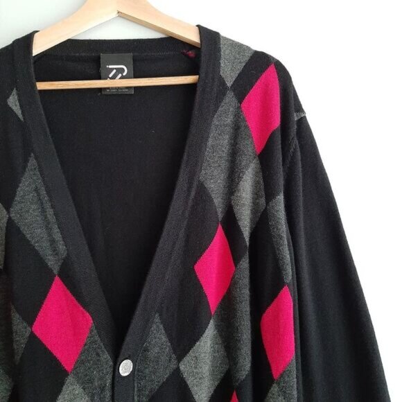 IAN POULTER / 100% Merino Wool Shapeshifter Cardigan Golf Sweater Argyle Mens L - Picture 6 of 15